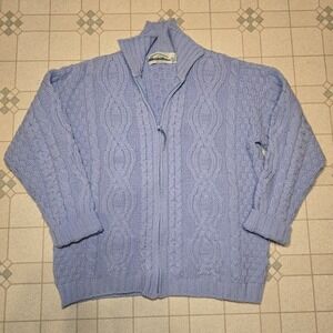 Aran Crafts Ireland Men's 100% Merino Wool Blue Fisherman‎ Full-Zip Cardigan -L